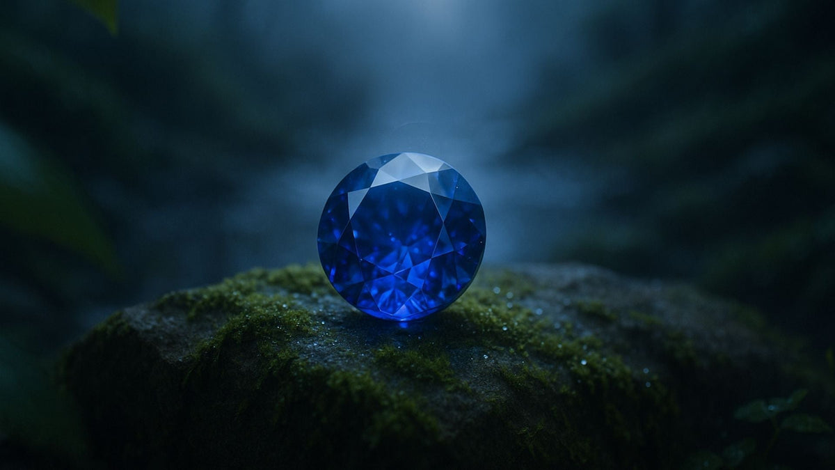 Cobalt blue faceted sapphire gemstone nestled in deep green moss with soft atmospheric light