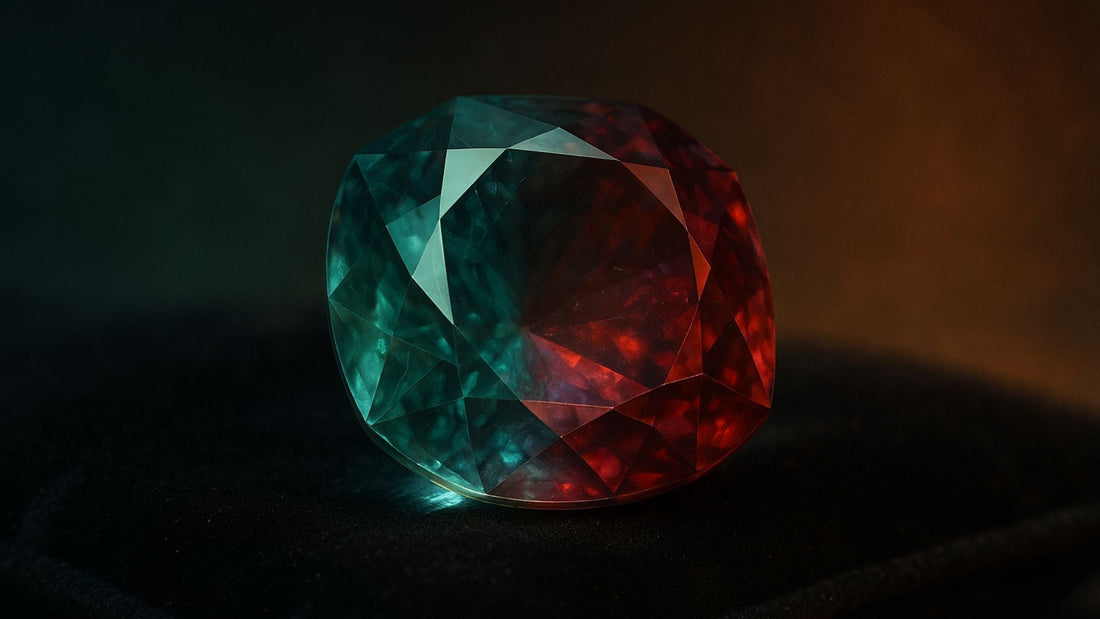 Faceted alexandrite gemstone showing contrasting green and red tones against a dark background