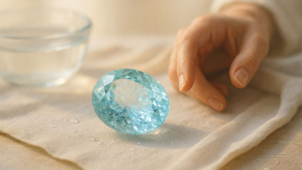 Hand holding a large icy blue aquamarine gemstone above cream fabric in soft natural light