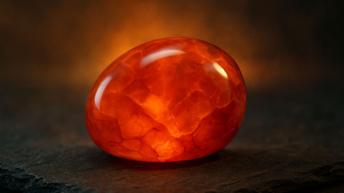 Polished translucent orange-red carnelian gemstone glowing warmly on a dark backdrop