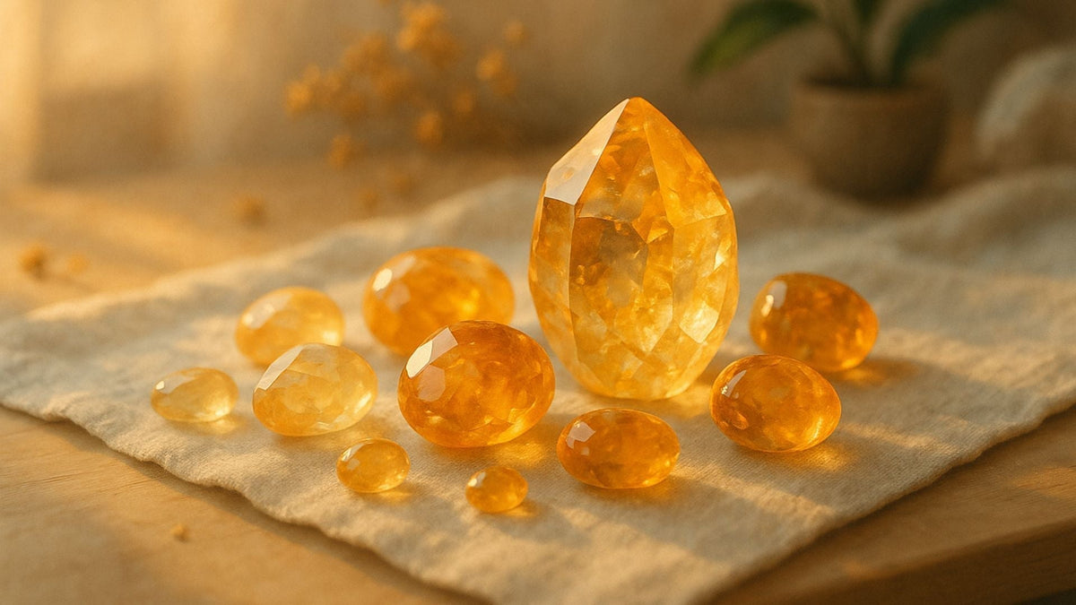 Golden-yellow citrine crystals and polished stones arranged on pale linen in sunlight