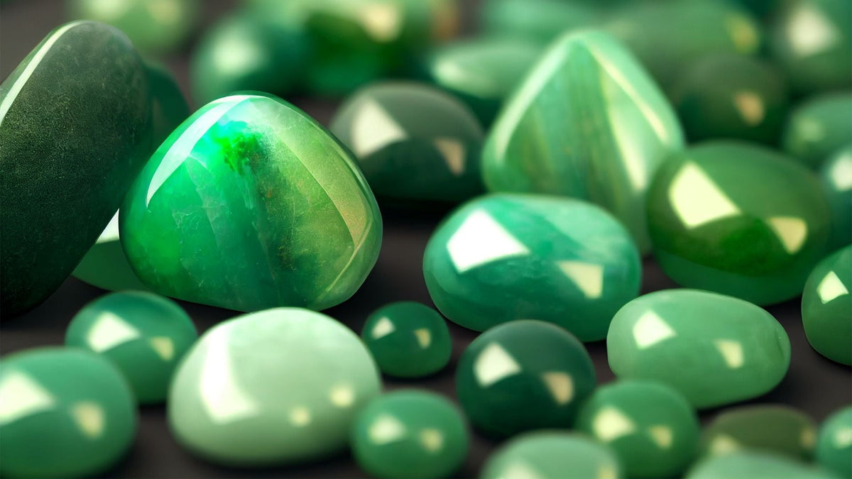 Polished green jade cabochons and oval gemstones in rich emerald and light green shades