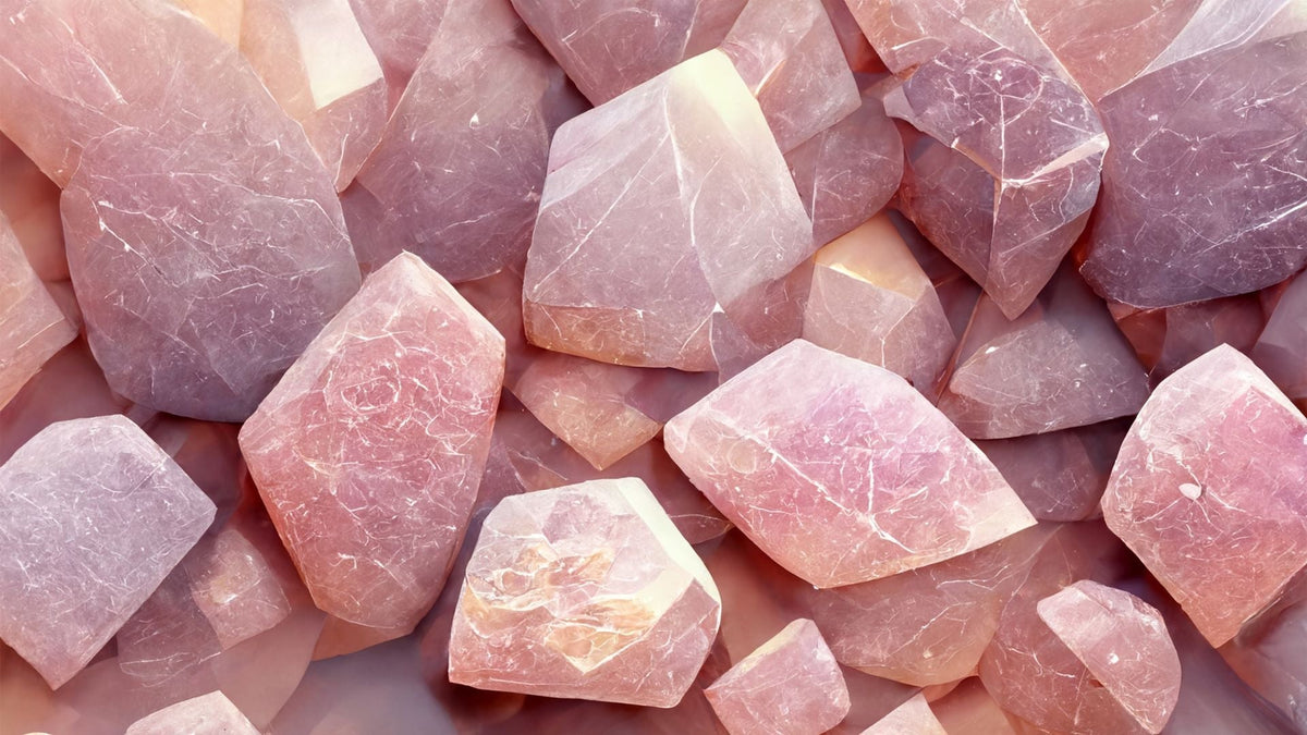 Soft pink rose quartz crystals and tumbled stones clustered together on a pale pink surface