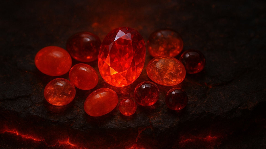 Vivid red and orange gemstones glowing against a dark background to represent the fire element