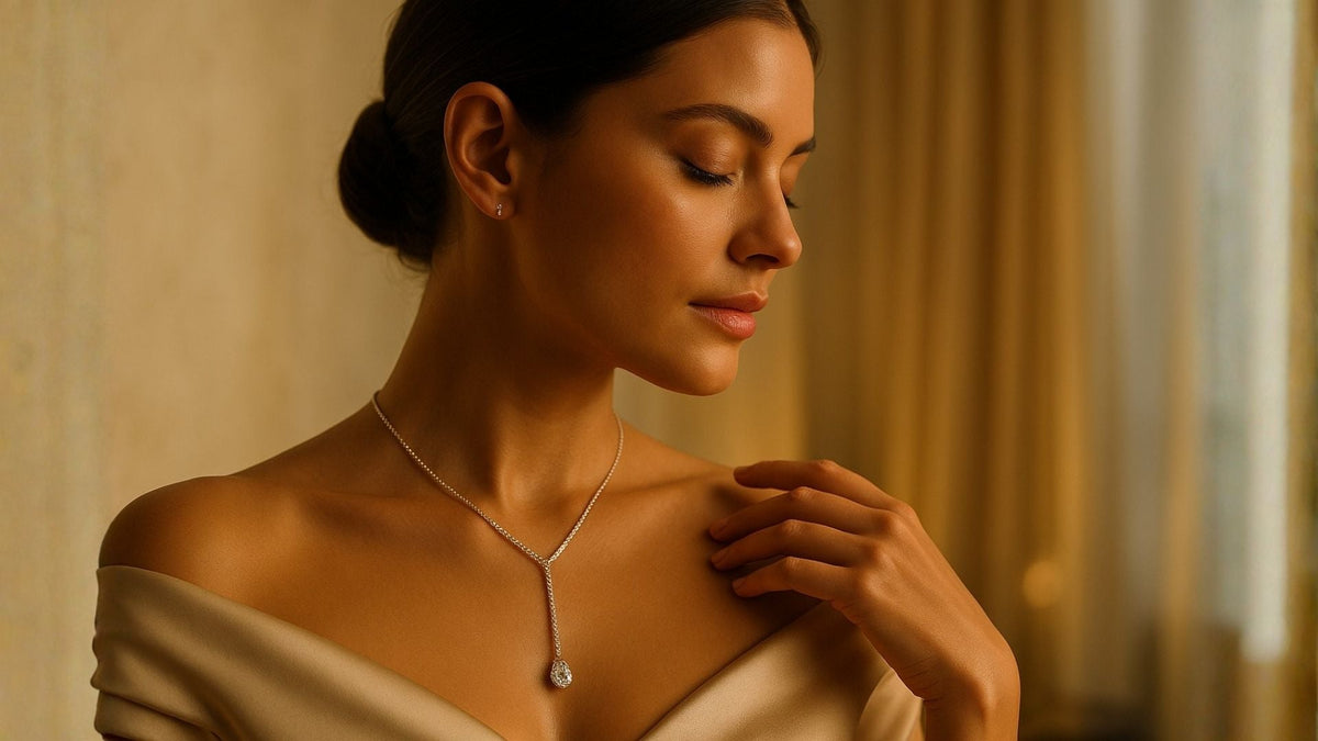Close-up of a woman wearing a delicate gold lariat necklace with a long pendant drop against a warm neutral blouse