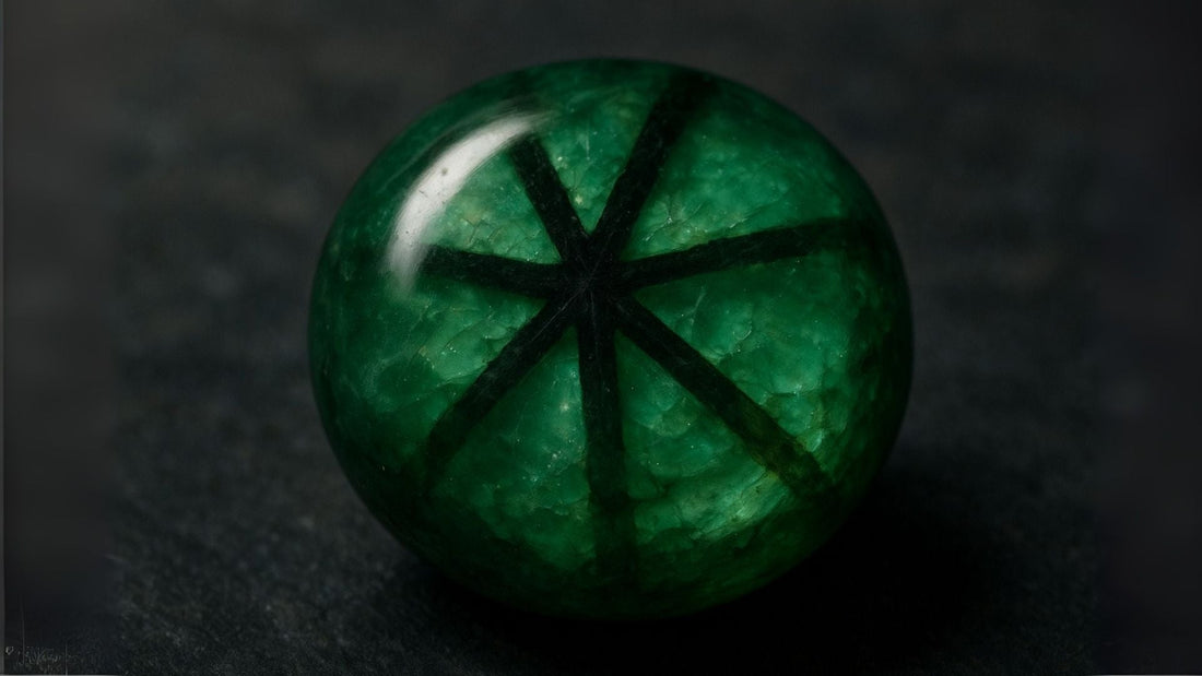Round green trapiche emerald gemstone showing a distinctive six-rayed dark star pattern