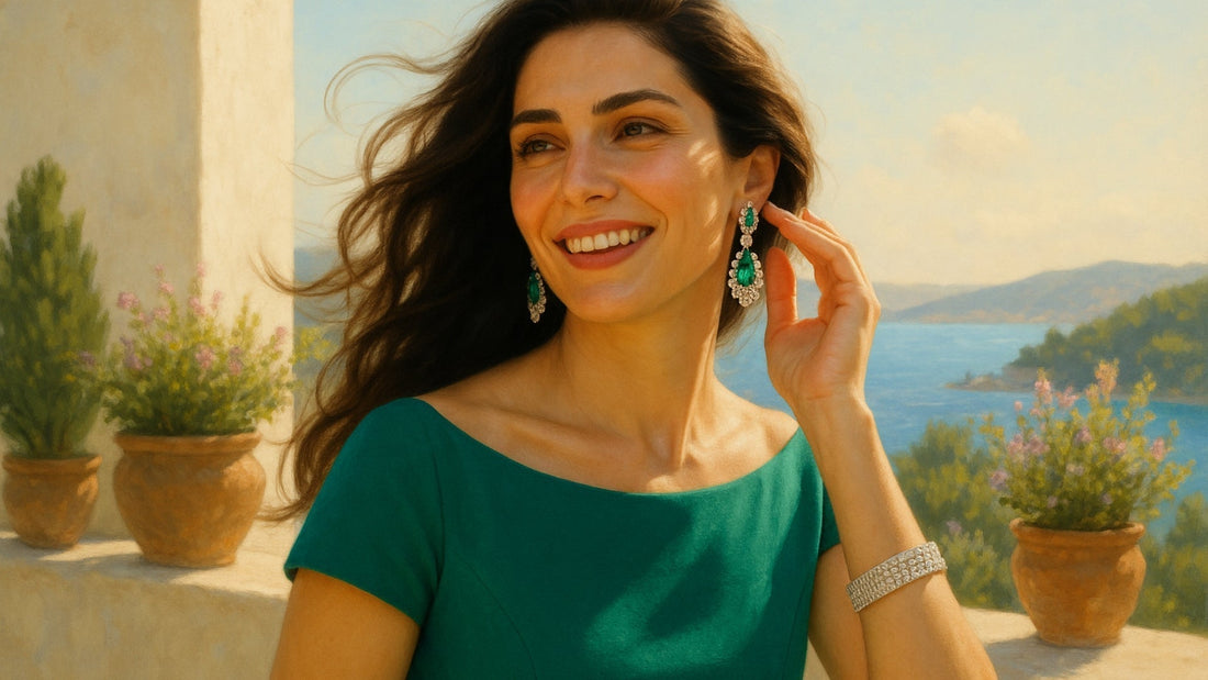 Smiling woman wearing a turquoise boat-neck top styled with gold statement earrings and layered necklaces