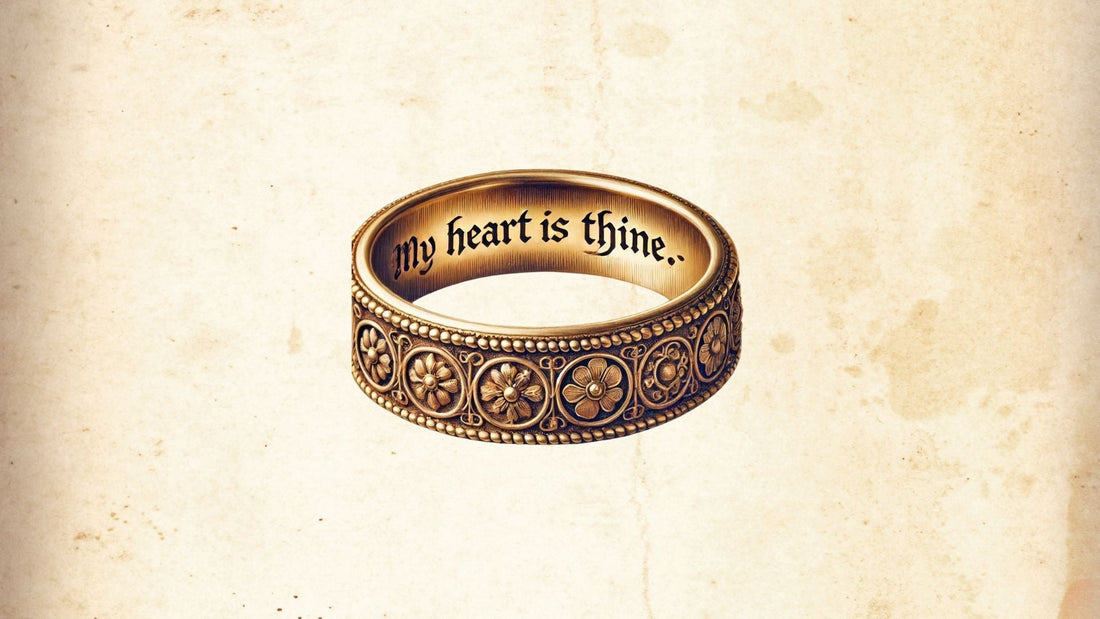 Antique gold posy ring inscribed with sentimental lettering displayed on a warm cream surface