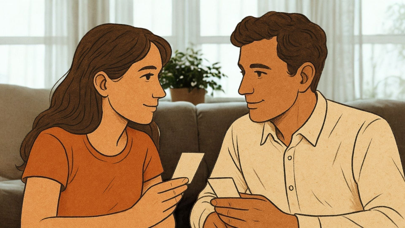 Illustrated image of a couple sitting on a couch facing each other, holding cards and smiling warmly, with soft natural light filtering through windows and a potted plant in the background.