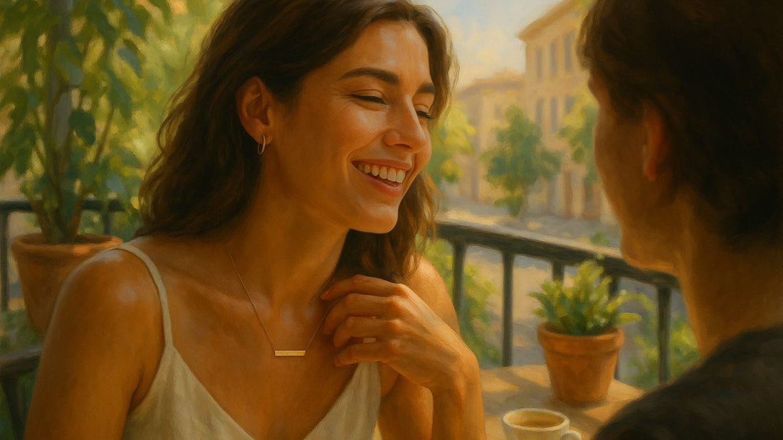 Woman wearing a fine gold bar pendant necklace and matching earrings in warm evening light