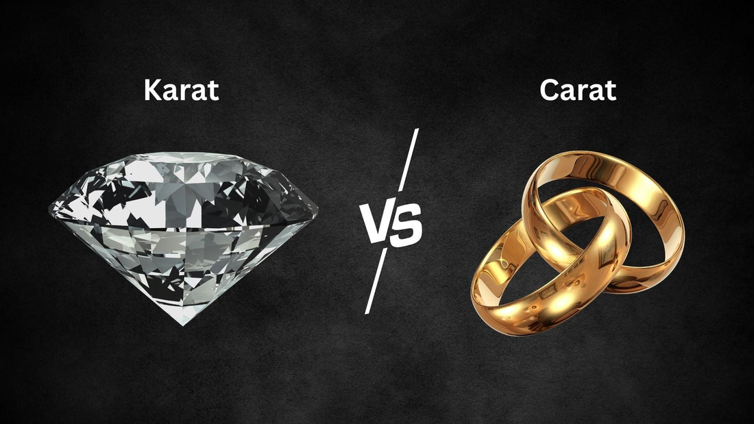 Comparison graphic showing a faceted diamond and gold rings to illustrate karat and carat terminology