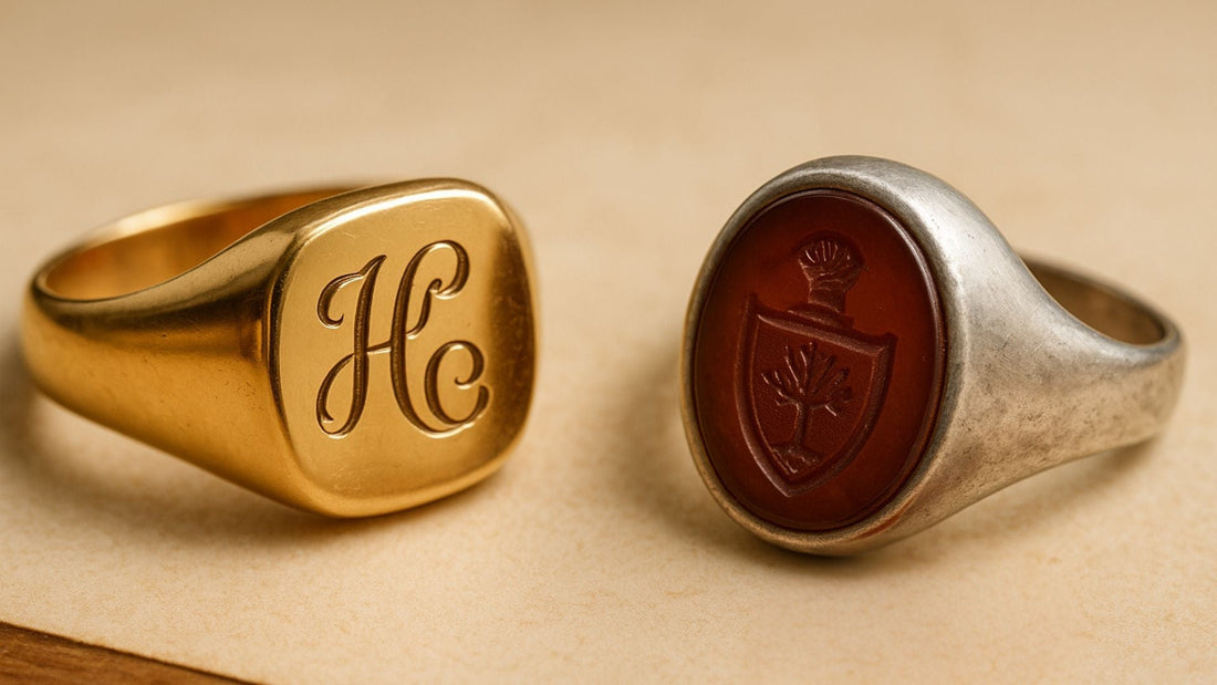 Gold signet ring with an engraved monogram beside a silver-toned seal ring with a red oval intaglio