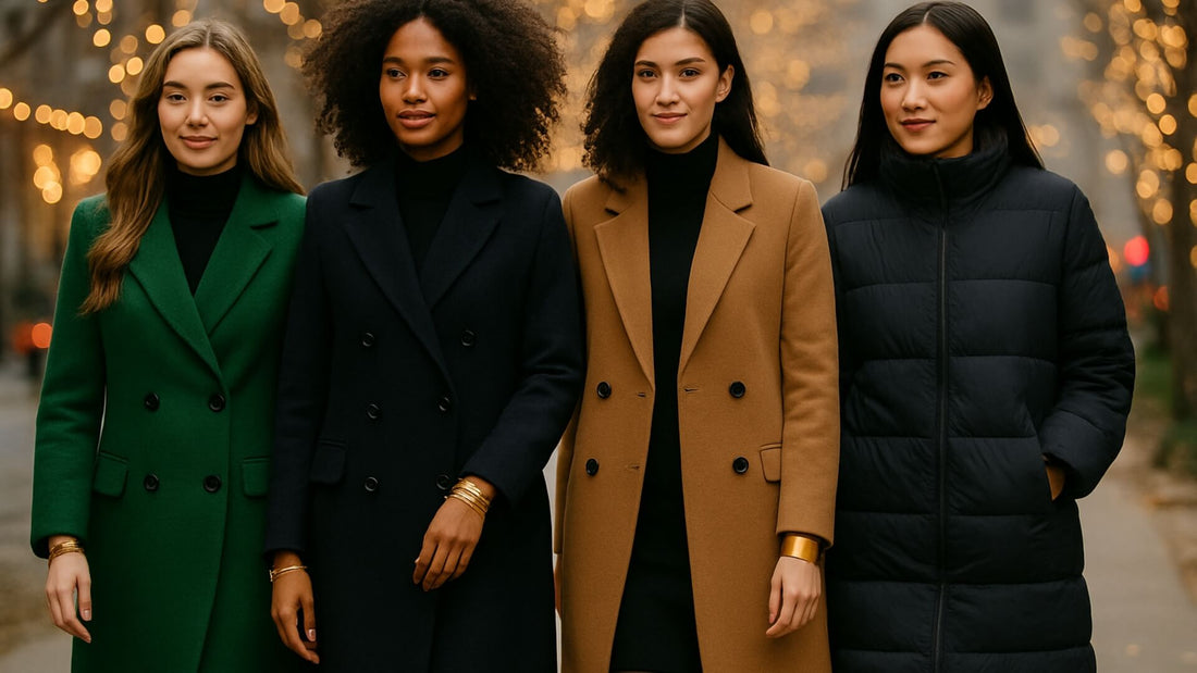 Four women in winter coats and tailored dark outfits showcasing statement cuffs and bangles