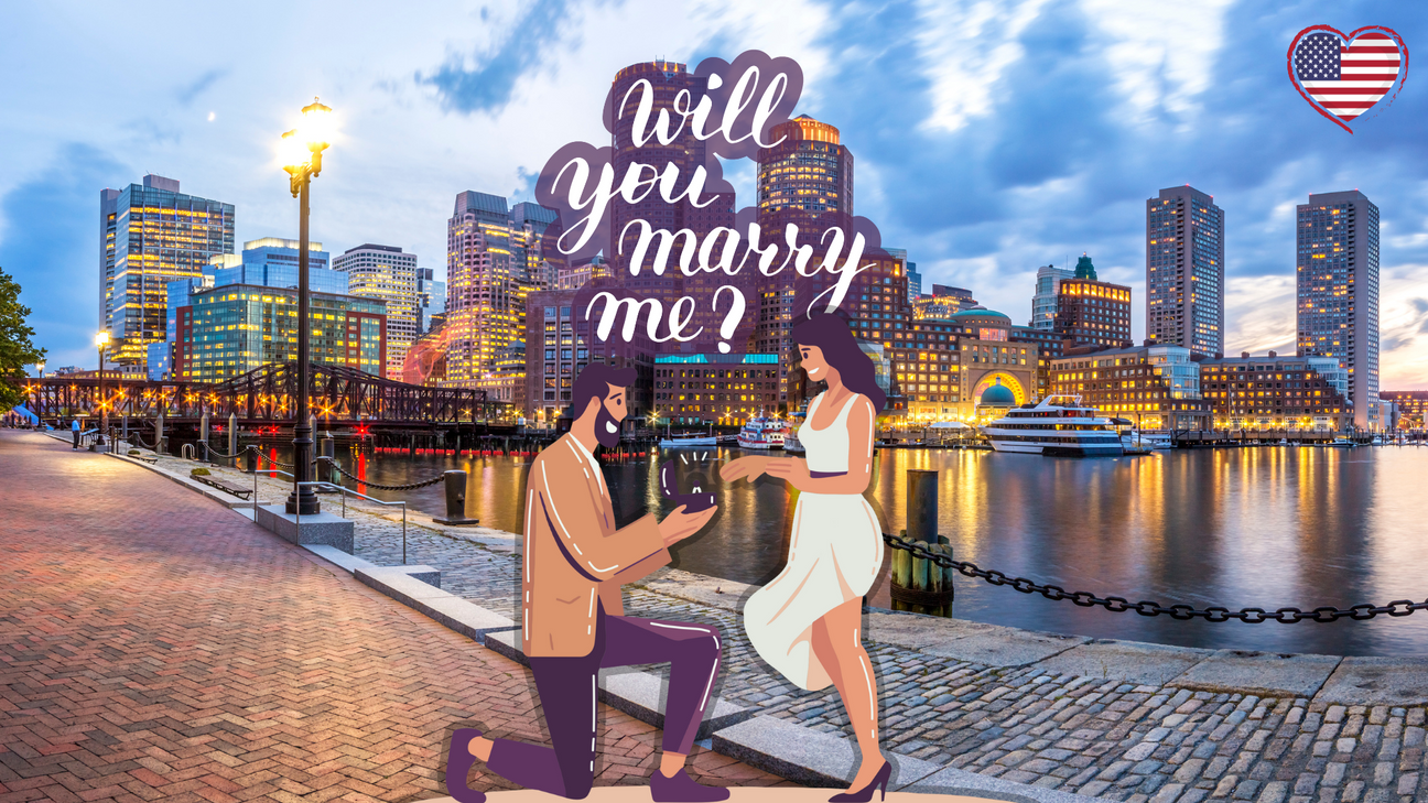 Top 10 Places to Propose in Boston showing a illustration of a couple having a proposal in boston