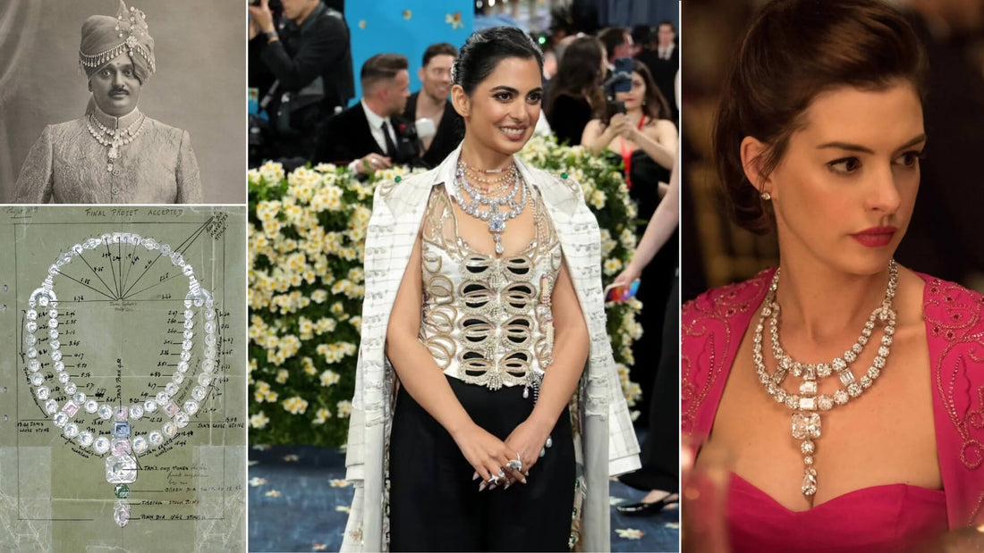 Composite image showing the Maharaja of Nawanagar, Cartier’s Toussaint necklace sketch, Isha Ambani at the 2025 Met Gala, and Anne Hathaway wearing the necklace in Ocean’s 8.