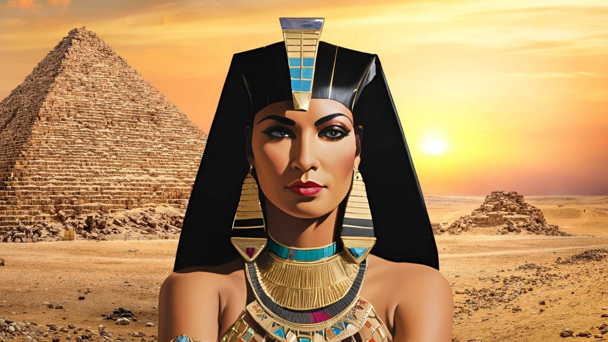 Illustration of Cleopatra wearing an elaborate Egyptian gold collar and regal headpiece