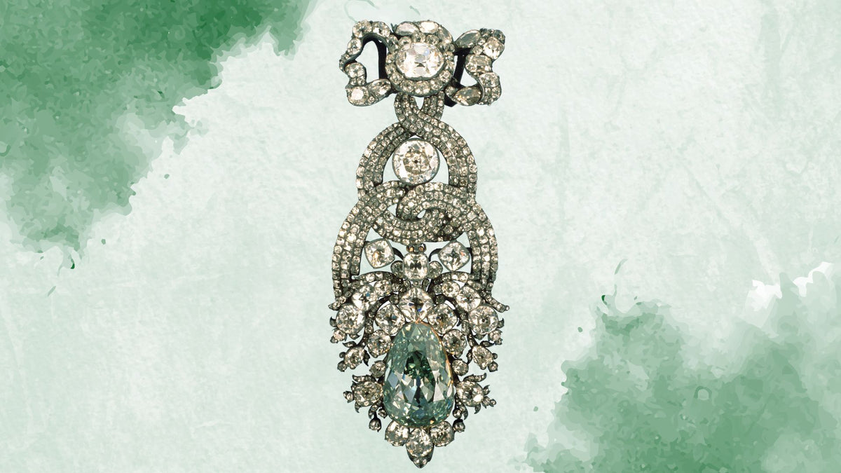 Historic green diamond jewel on a pale textured background, illustrating the Dresden Green Diamond