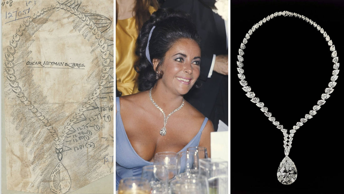 Archival-style portrait of a glamorous actress alongside a black-and-white image of a diamond necklace