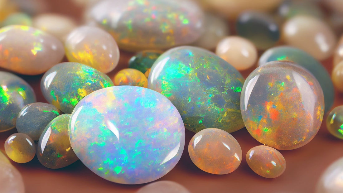 Iridescent opal gemstones shimmering in pastel pink, green and blue hues