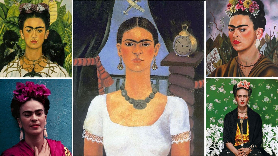 Collage of Frida Kahlo portraits featuring her distinctive jewellery, earrings and floral adornments