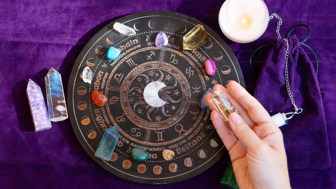 Illustrated Vedic astrology chart with colourful gemstones and celestial symbols