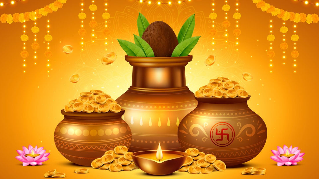Golden ceremonial pots, coins and traditional ornaments for Akshaya Tritiya celebrations