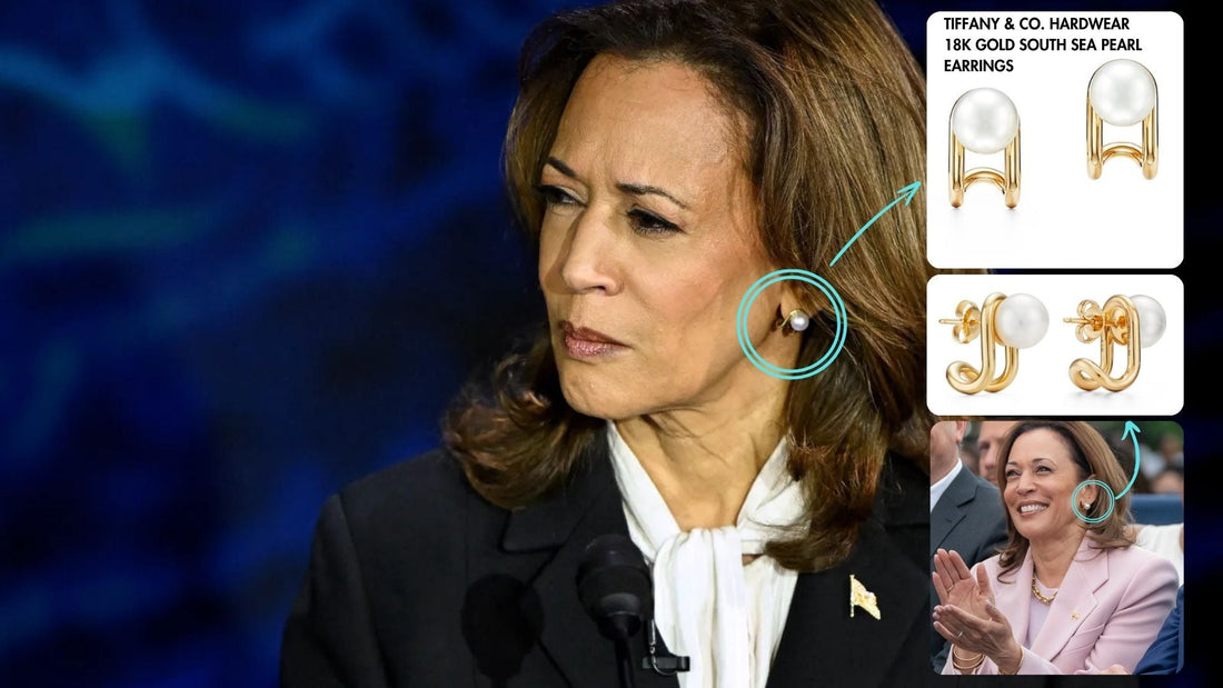 Photographic collage of Kamala Harris at a debate beside close-ups of her earrings
