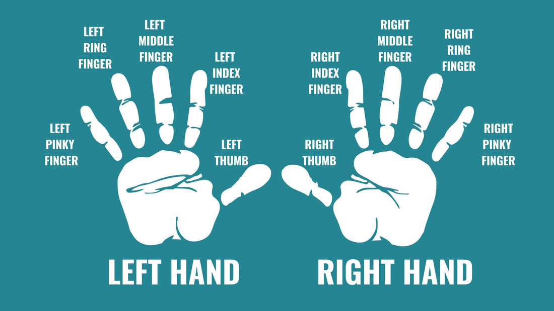 Diagram of the left and right hands with fingers labelled for the meanings of rings