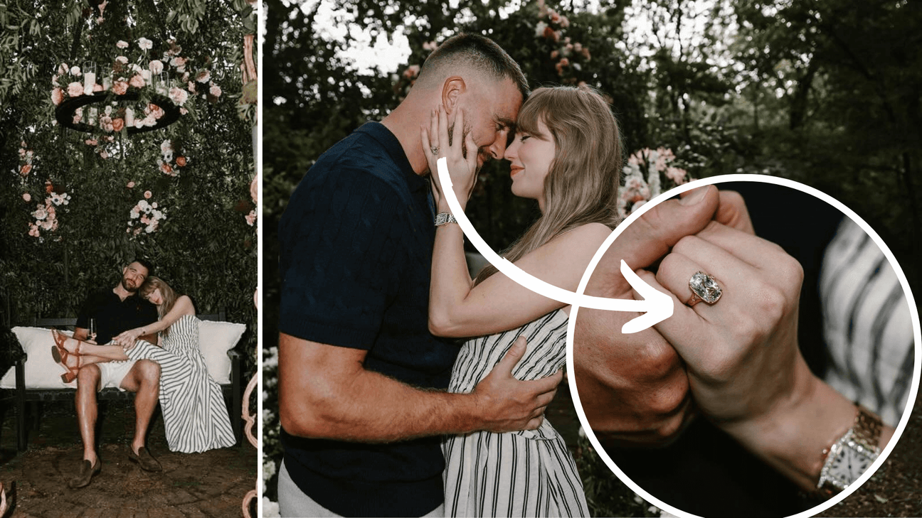 Taylor Swift and Travis Kelce engagement photos in romantic garden with close-up of her old mine brilliant cut diamond engagement ring designed by Artifex Fine Jewelry