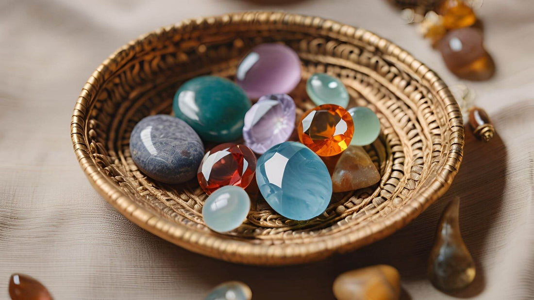 Polished coloured gemstones gathered in a decorative dish for an Ayurvedic gemstone guide