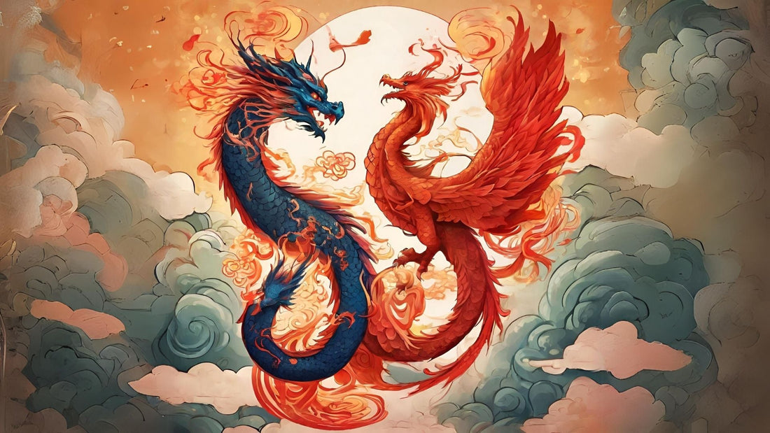 Colourful Chinese-style illustration of a dragon and phoenix rising through clouds