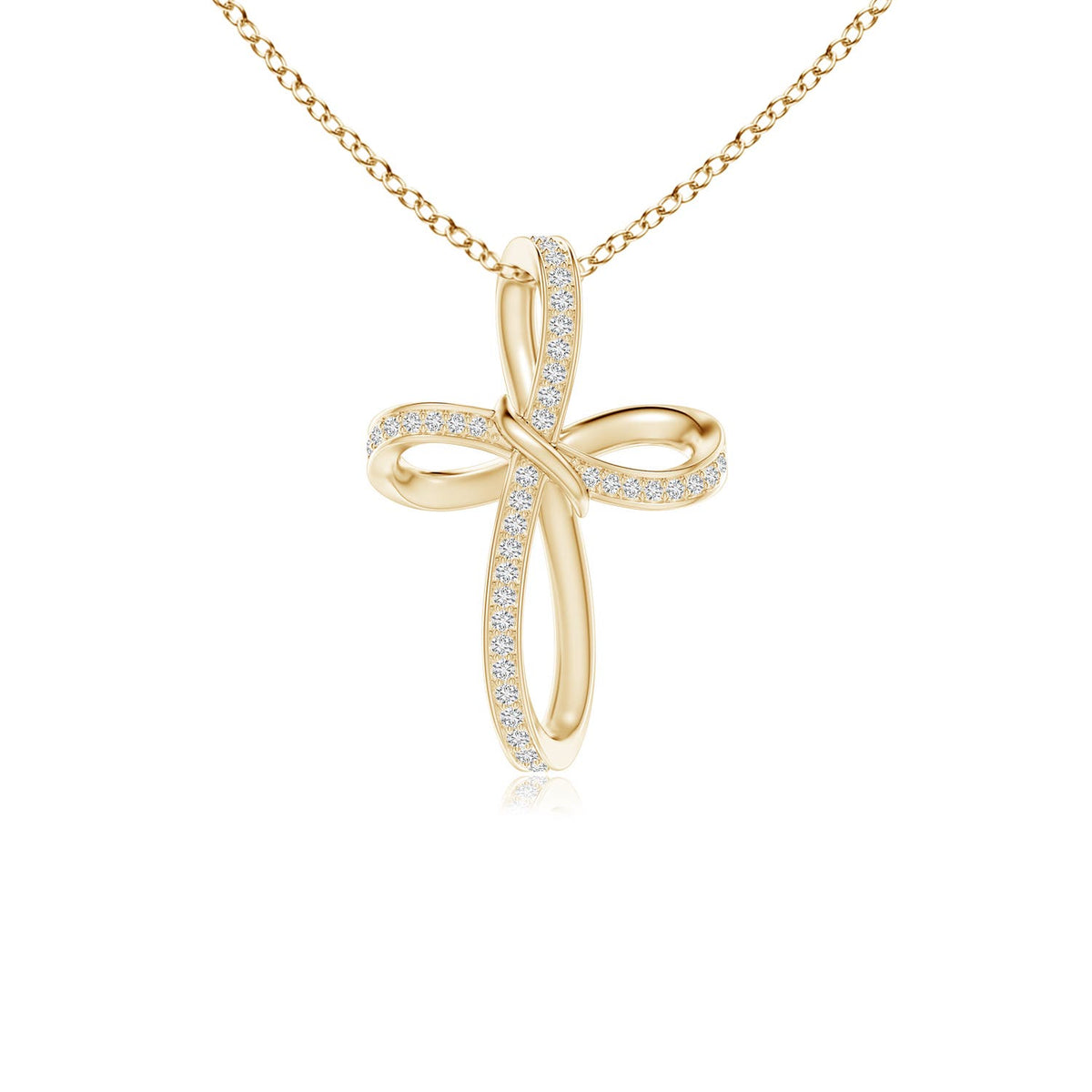 1.8 MM Three Stone Diamond Bypass Ribbon Cross Pendant in 18K Yellow Gold