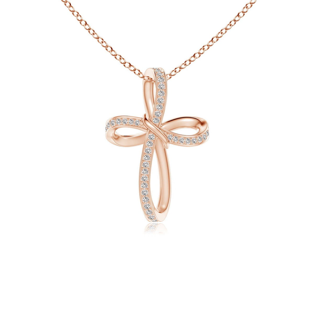2.5 MM Three Stone Diamond Bypass Ribbon Cross Pendant in 14K Rose Gold