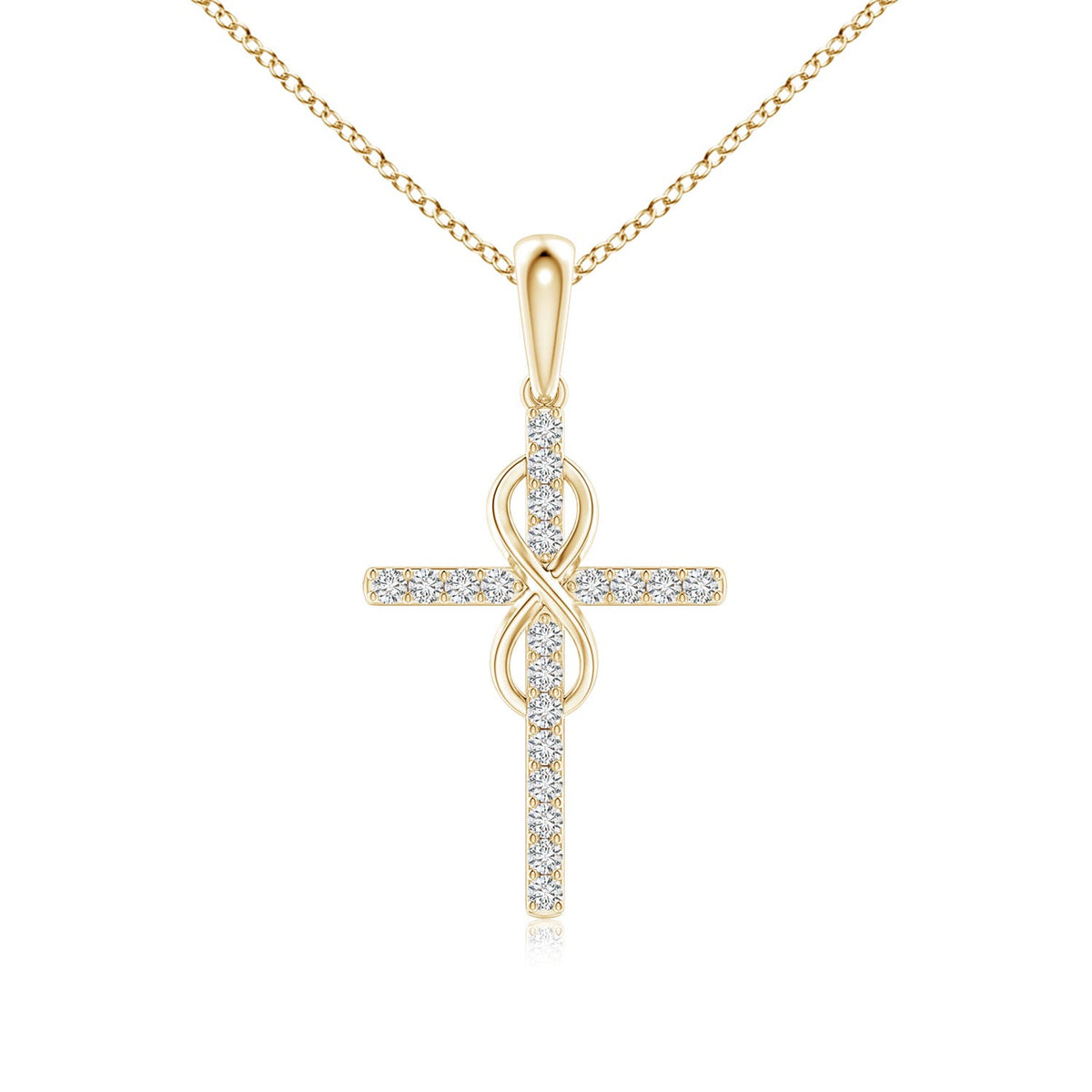 1.8 MM Three Stone Diamond Bypass Ribbon Cross Pendant in 18K Yellow Gold