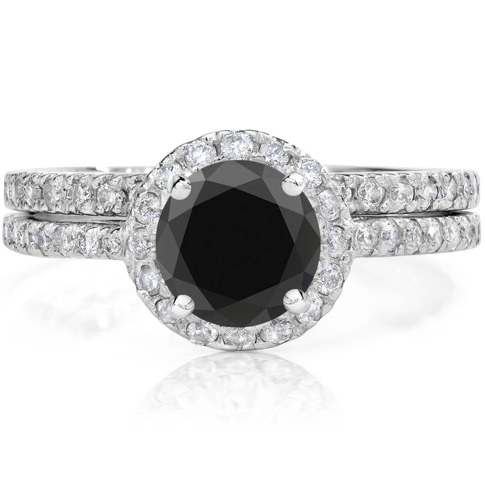 2 1/2 Ct Treated Black Diamond Halo Engagement Wedding Ring Set 14K White Gold