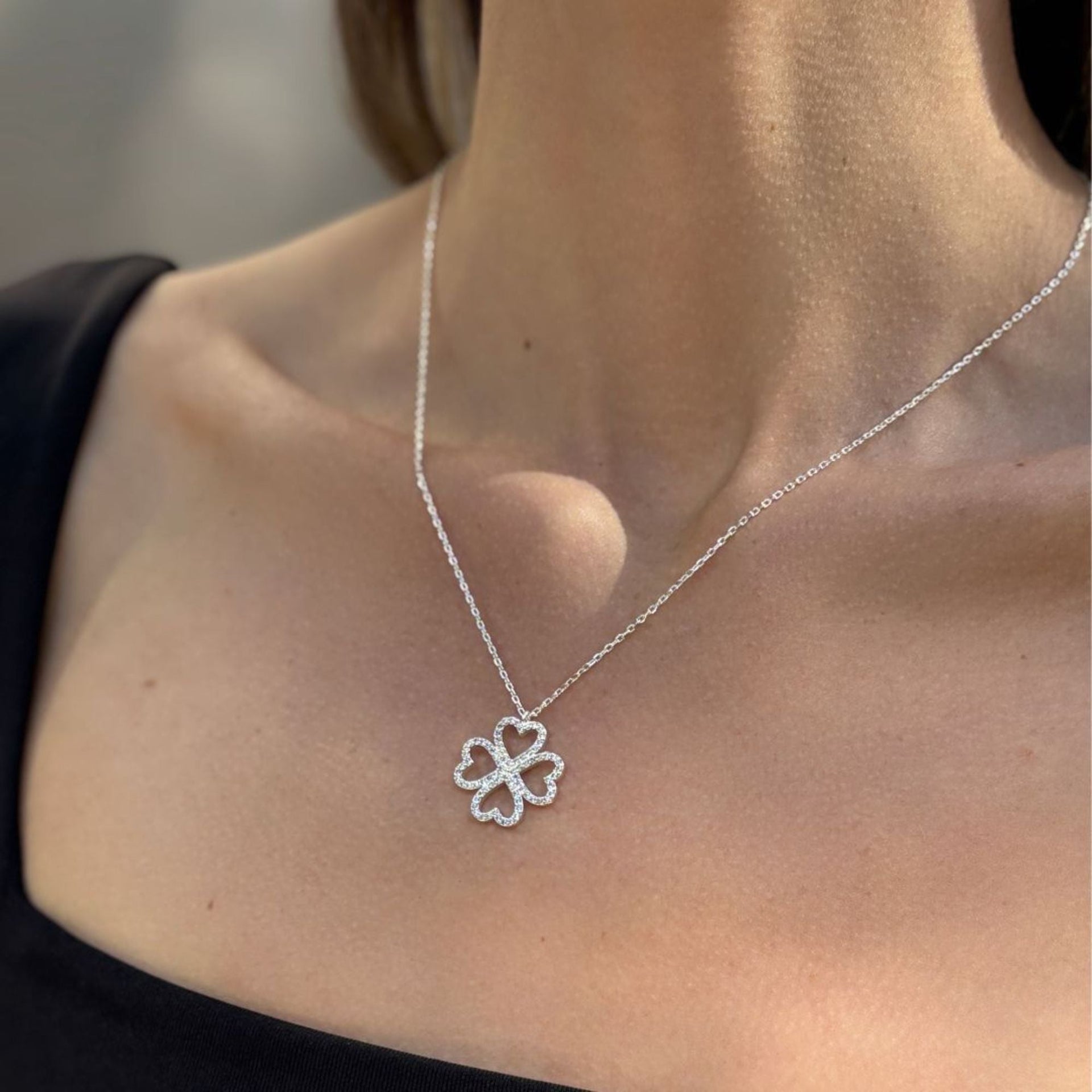 Silver Plated Heart-shaped Pave Clover Necklace