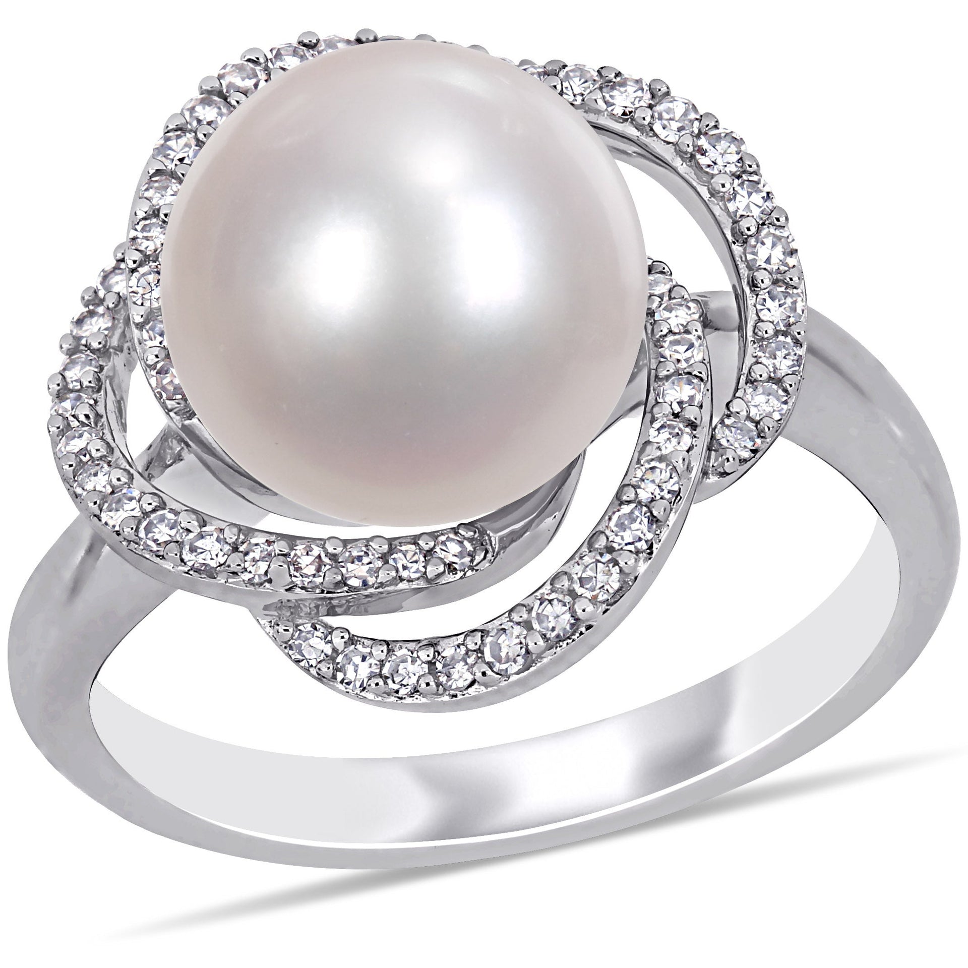 Mimi & Max 10-10.5mm Cultured Freshwater Pearl 1/4ct TW Diamond Swirl Ring 14k White Gold