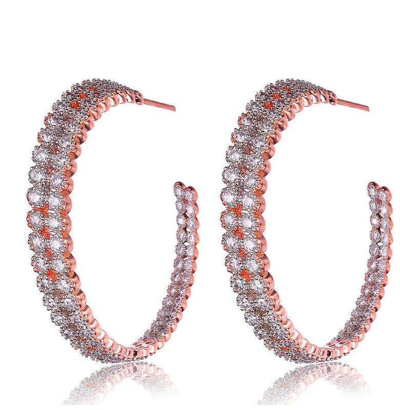 GENEVIVE Sterling Silver Rose Gold Plated Cubic Zirconia Open Hoop Earrings