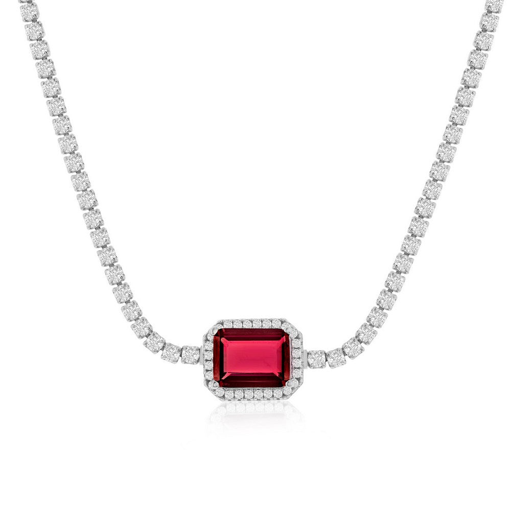 Sterling Silver Asscher-Cut CZ Tennis Choker (Blue Or Red)