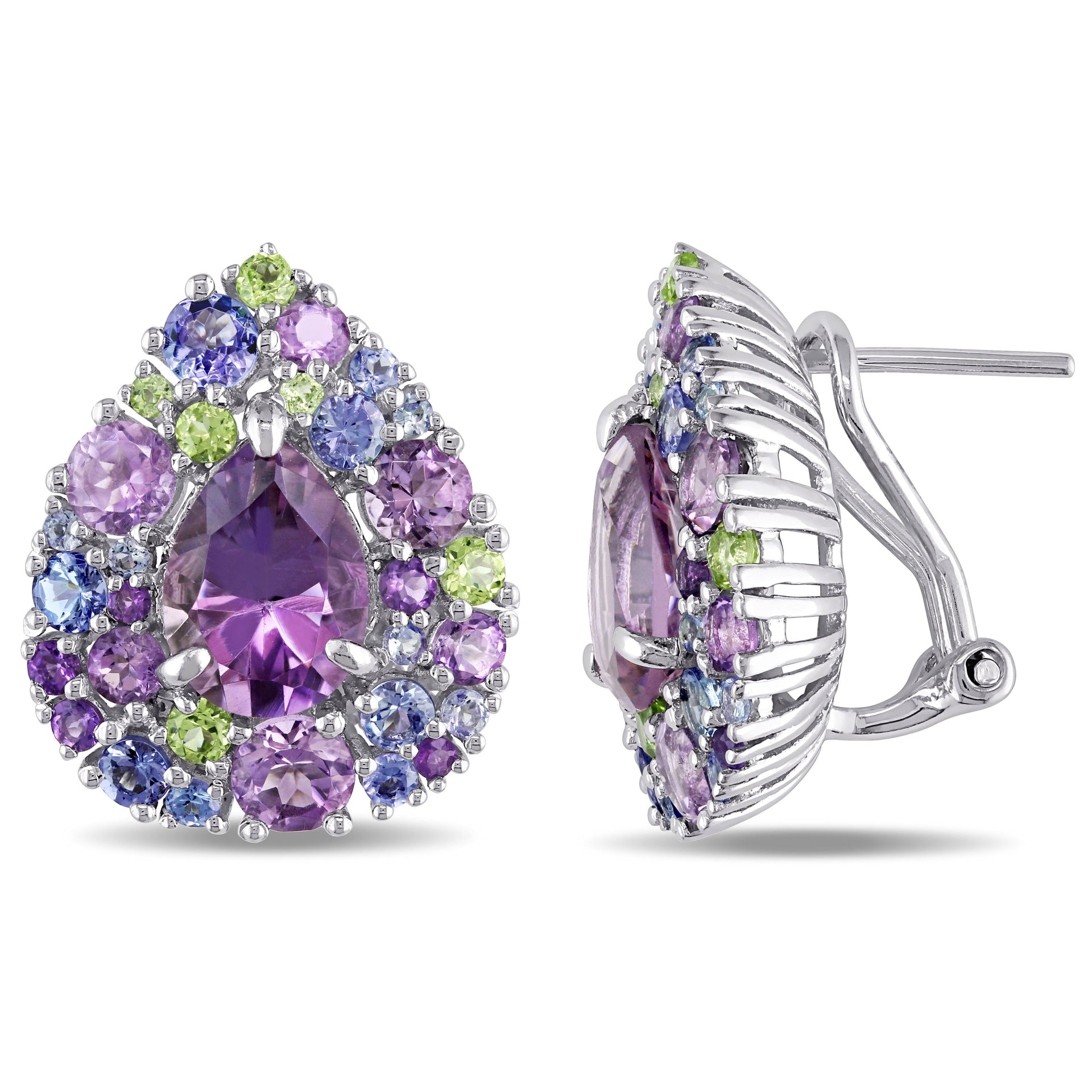 Mimi & Max 8 1/2 CT TGW Tanzanite, Rose de France, Peridot and Amethyst Pear-shape Cluster Earrings in Sterling Silver
