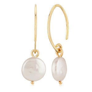 14K Yellow Gold Coin Pearl Dangling Hook Wire Earrings