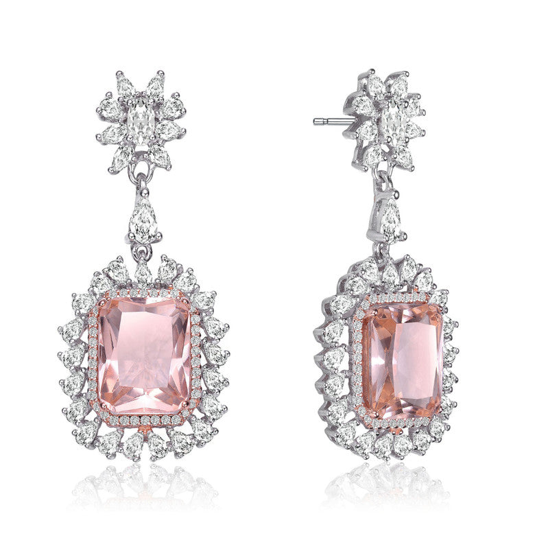 Sterling Silver With Rhodium Plated Morganite Cushion With Clear Cubic Zirconia Halo Drop Earrings