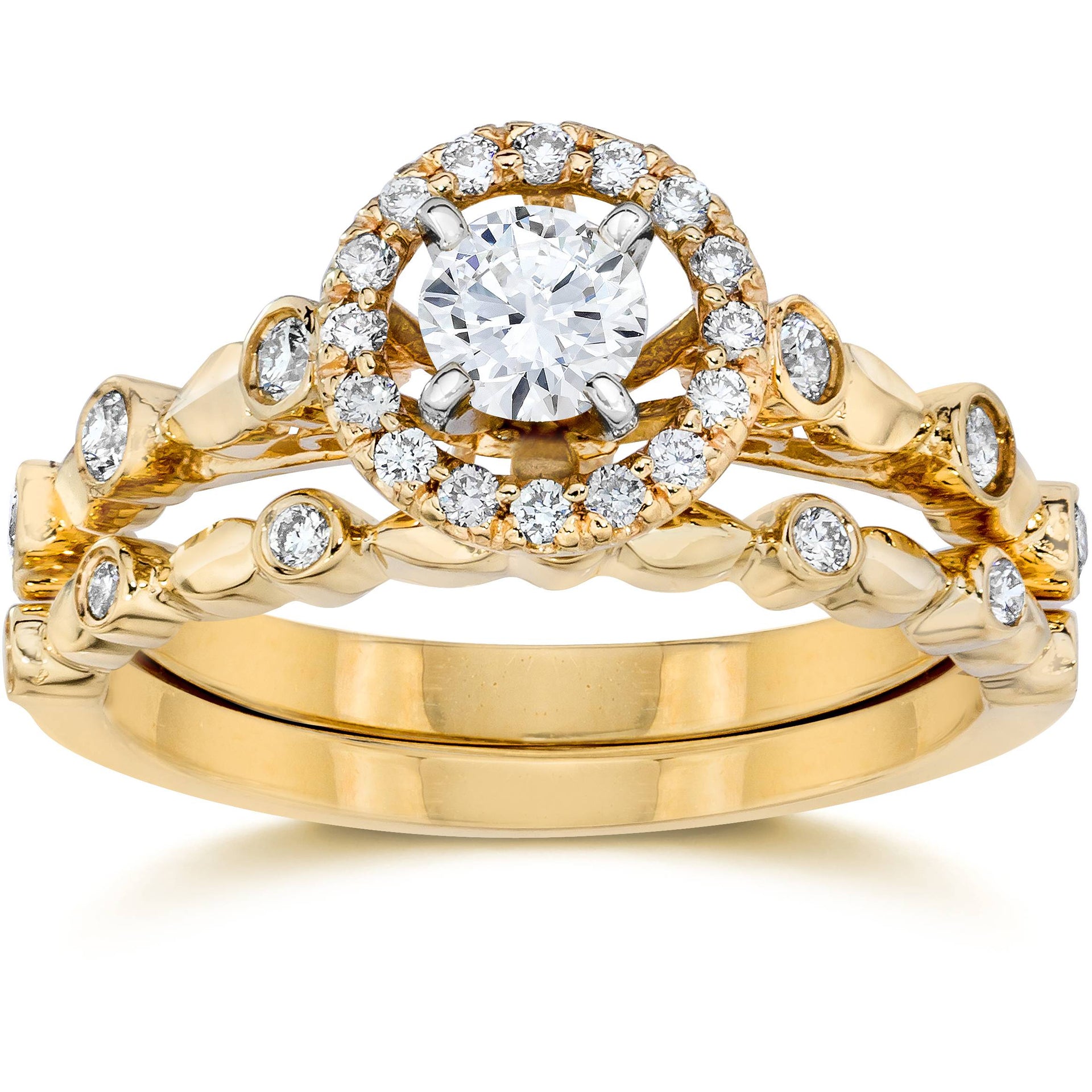 1/2 cttw Halo Diamond Engagement Wedding Ring Set 14K Yellow Gold