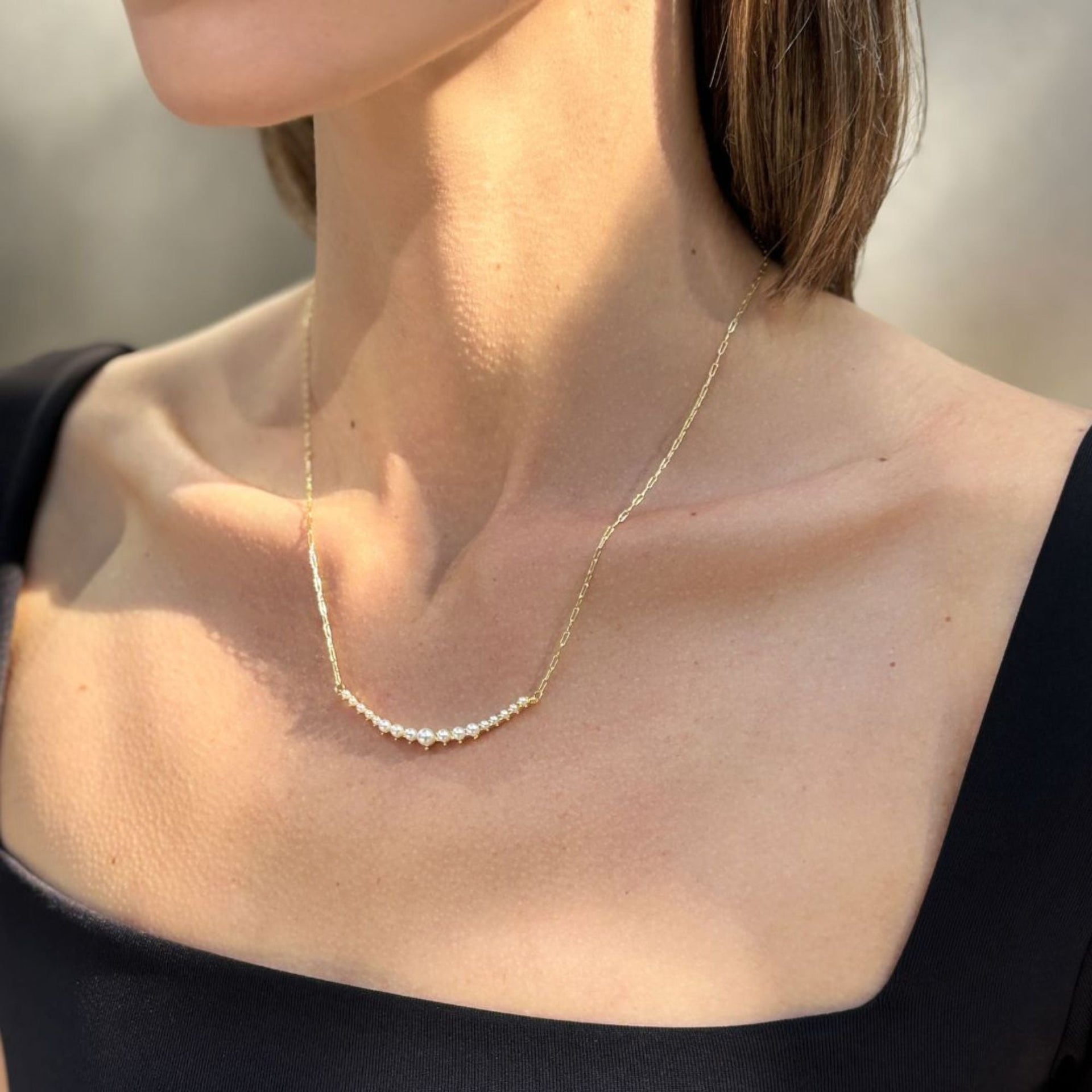 14k Gold Plated Pearl Curved Bar Necklace