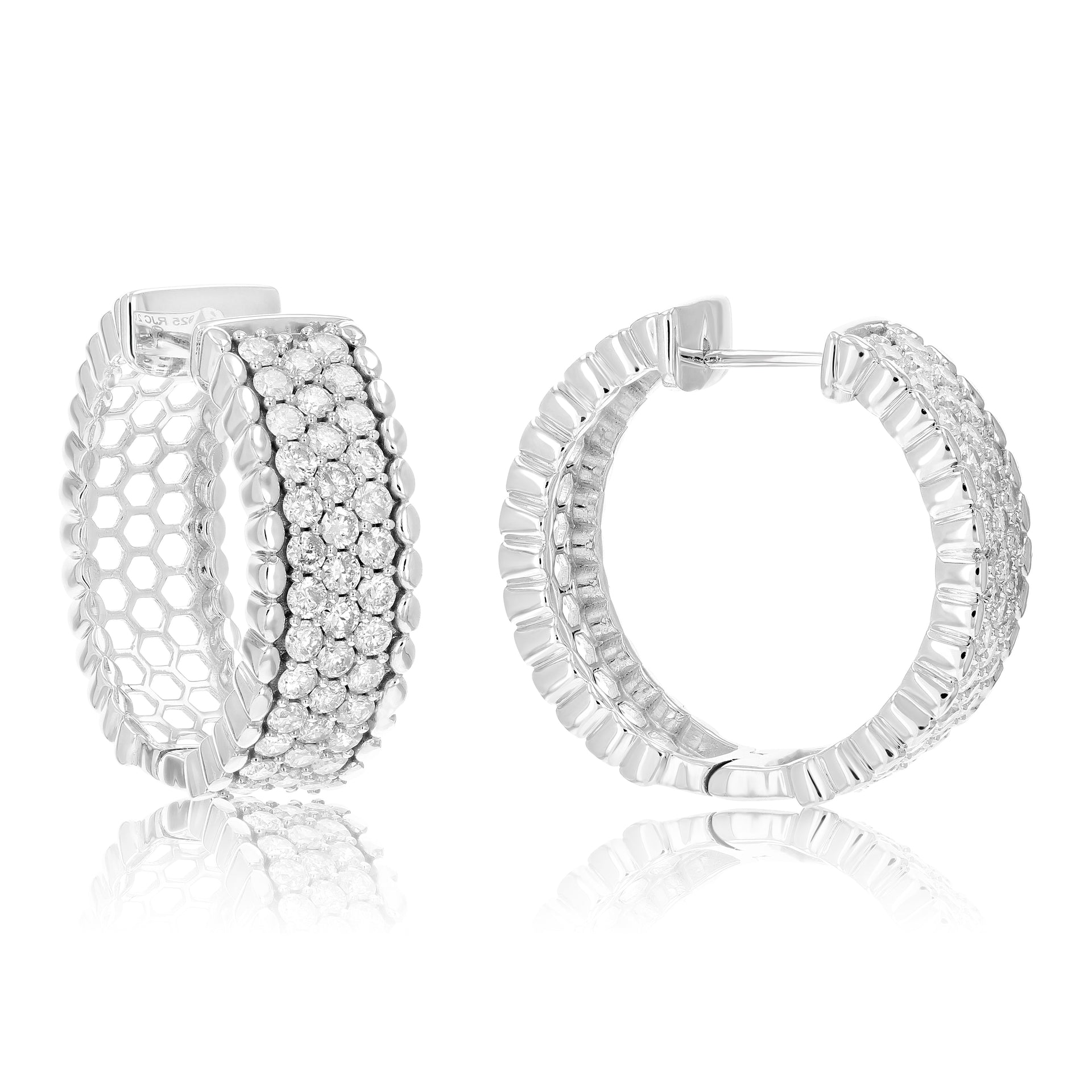 2 cttw Diamond Hoop Earrings .925 Sterling Silver 76 Stones Dangle 7/8 Inch