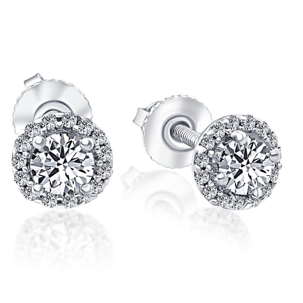 1/2 Ct Halo Diamond Studs With Screw Backs White Gold Lab Grown