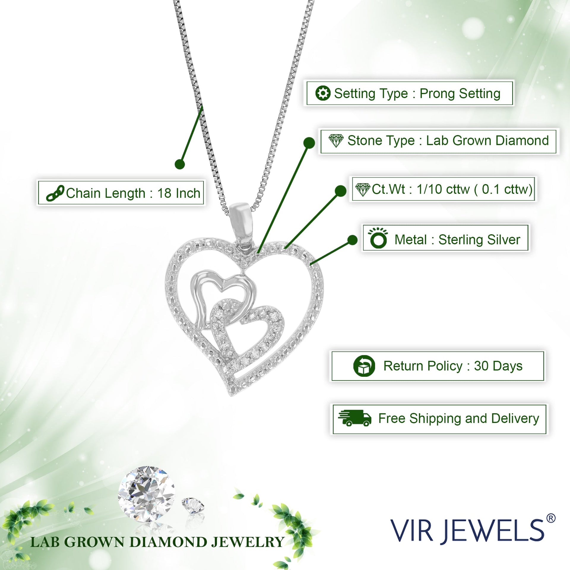 1/10 cttw Lab Grown Diamond Heart .925 Sterling Silver Pendant Necklace 3/4 Inch With 18 Inch Chain