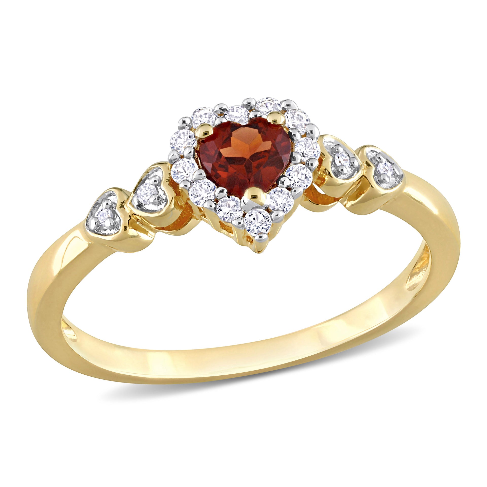 1/2 CT TGW Heart Shaped Garnet and Created White Sapphire with Diamond Accent Halo Promise Ring in Yellow Plated Sterling Silver