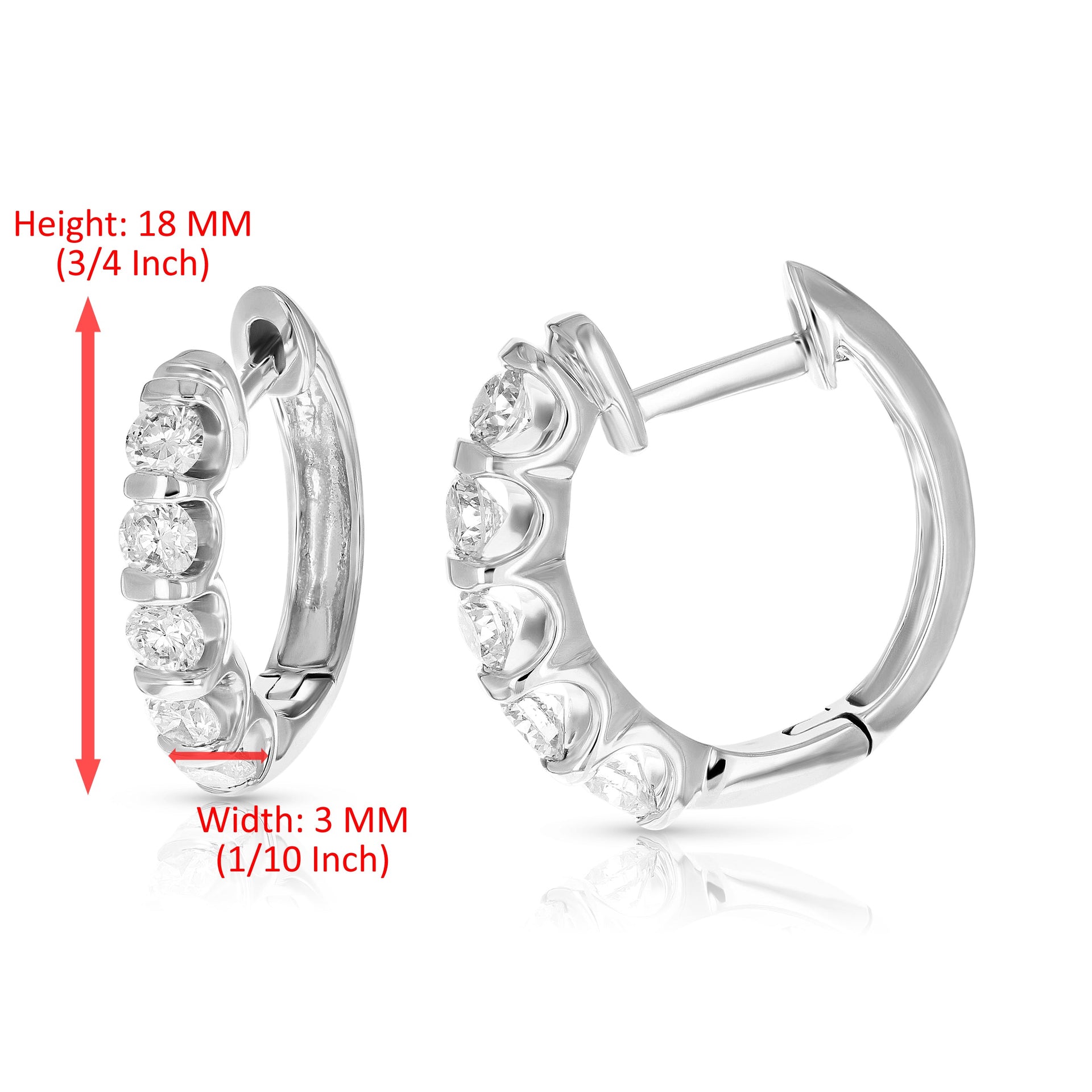 1 cttw Diamond Hoop Earrings 14K White Gold Channel Set 10 Stones 2/3 Inch