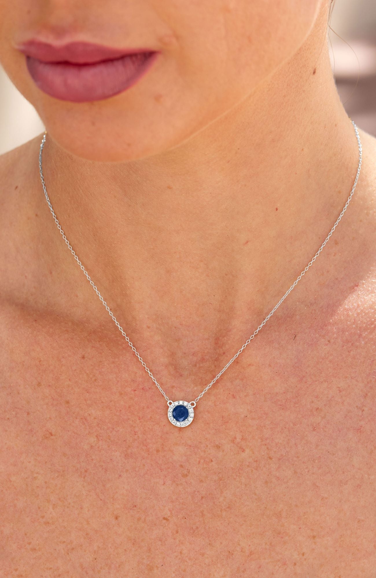 STERLING SILVER NATURAL BLUE SAPPHIRE AND WHITE CZ PENDANT NECKLACE